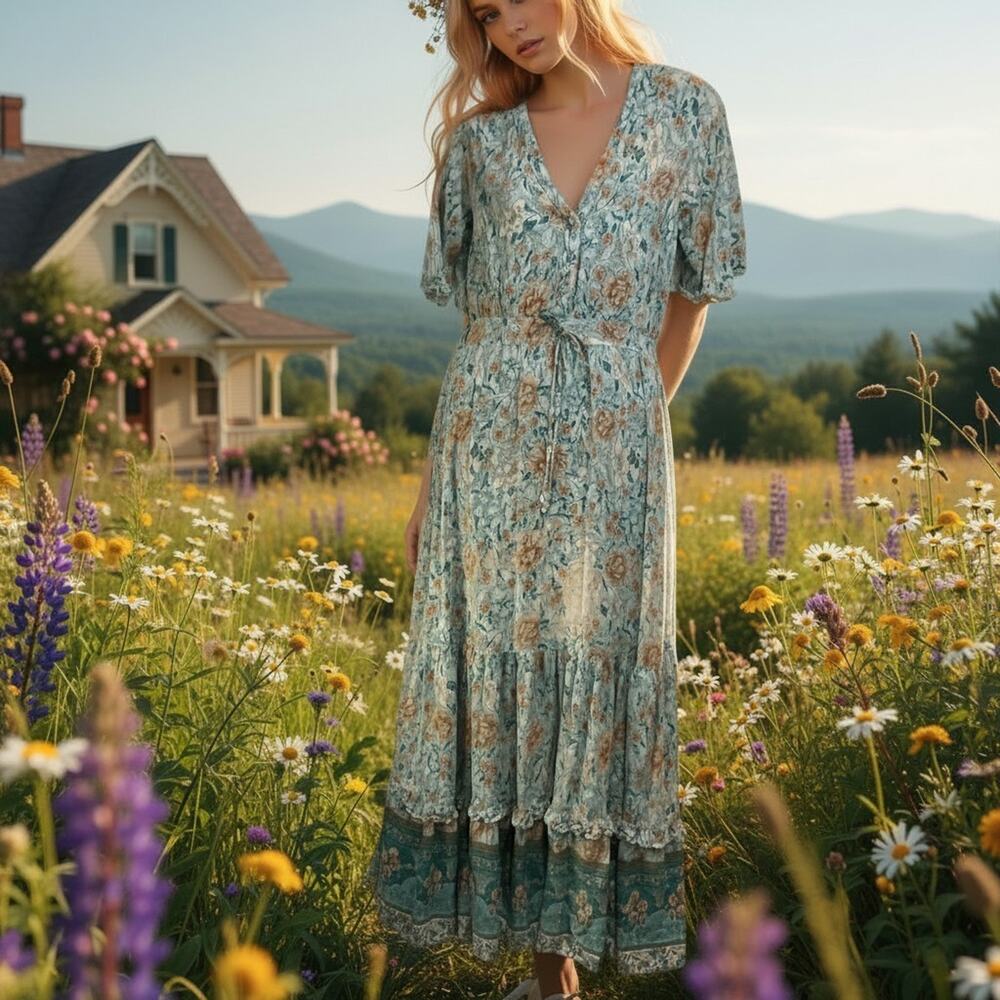 Vintage R. Vivimos Blue Floral Boho Maxi Dress Tie Waist Prarie V-neck Size M